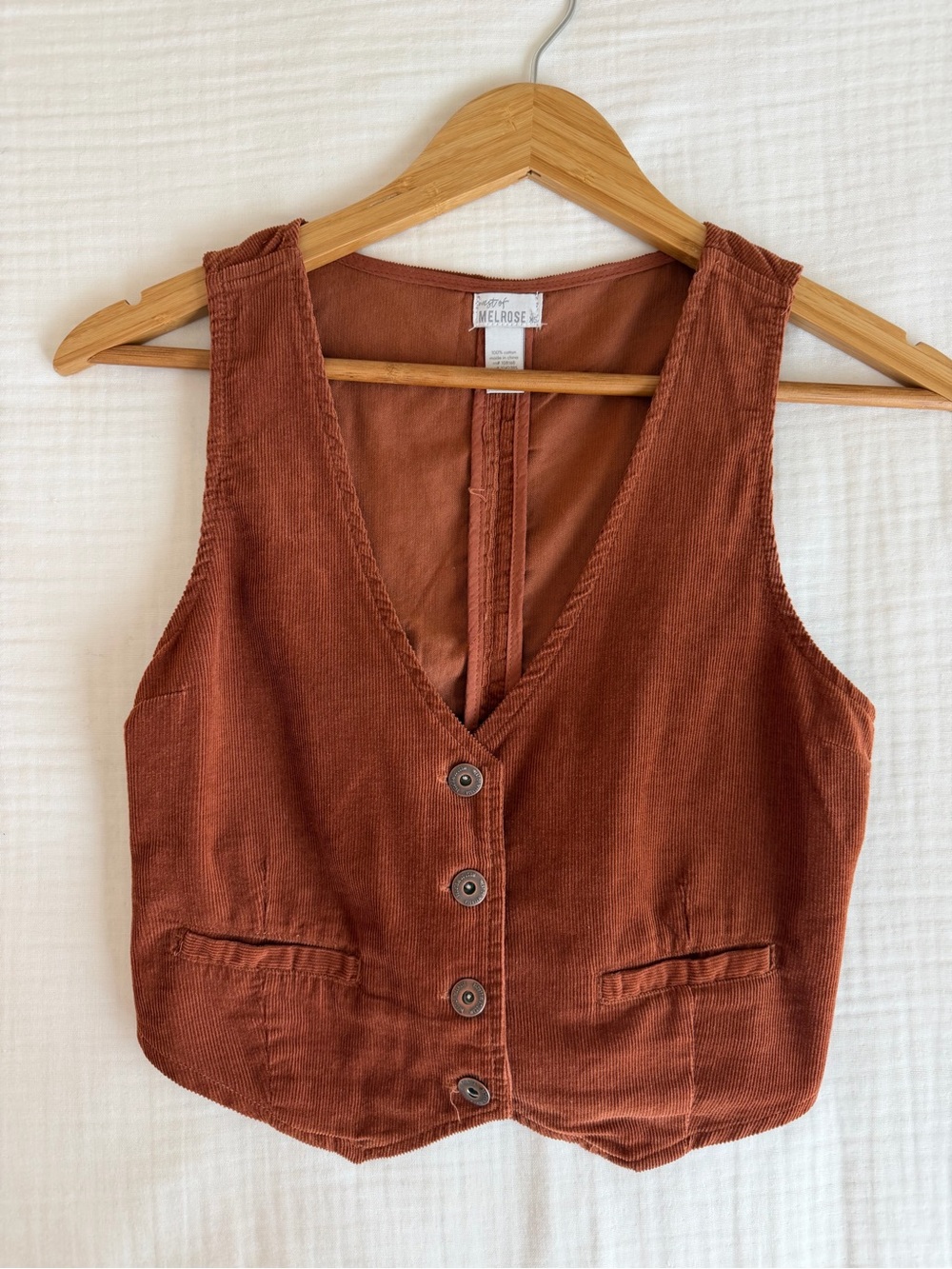 Melrose Burnt Orange Corduroy Crop Button-Front Vest